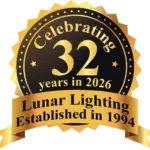 Lunar Lighting showcasing a lighting tower, emphasizing over 32 years of patented anti-glare, high-output lighting innovation trusted worldwide.