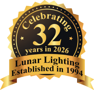 Lunar Lighting showcasing a lighting tower, emphasizing over 32 years of patented anti-glare, high-output lighting innovation trusted worldwide.