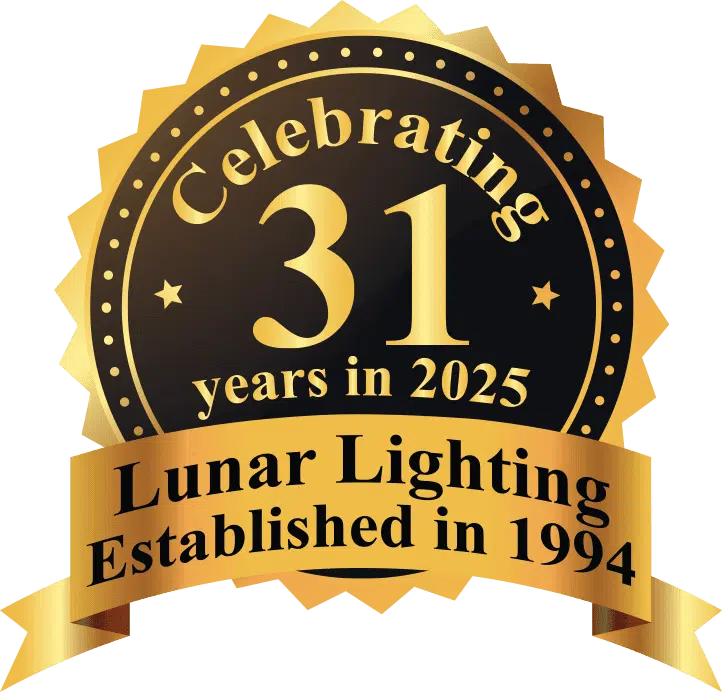Lunar Lighting showcasing a lighting tower, emphasizing over 32 years of patented anti-glare, high-output lighting innovation trusted worldwide.