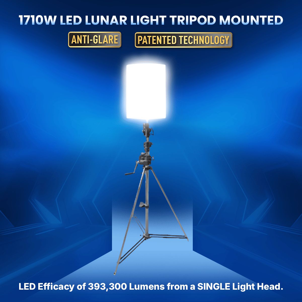 1710W-LED-Lunar-Light-tripod-mounted Square V12 1710W LED Lunar Light mounted on a tripod, offering 393,300 lumens from a single head, designed for portability, dimming, and adjustable lighting with anti-glare technology.