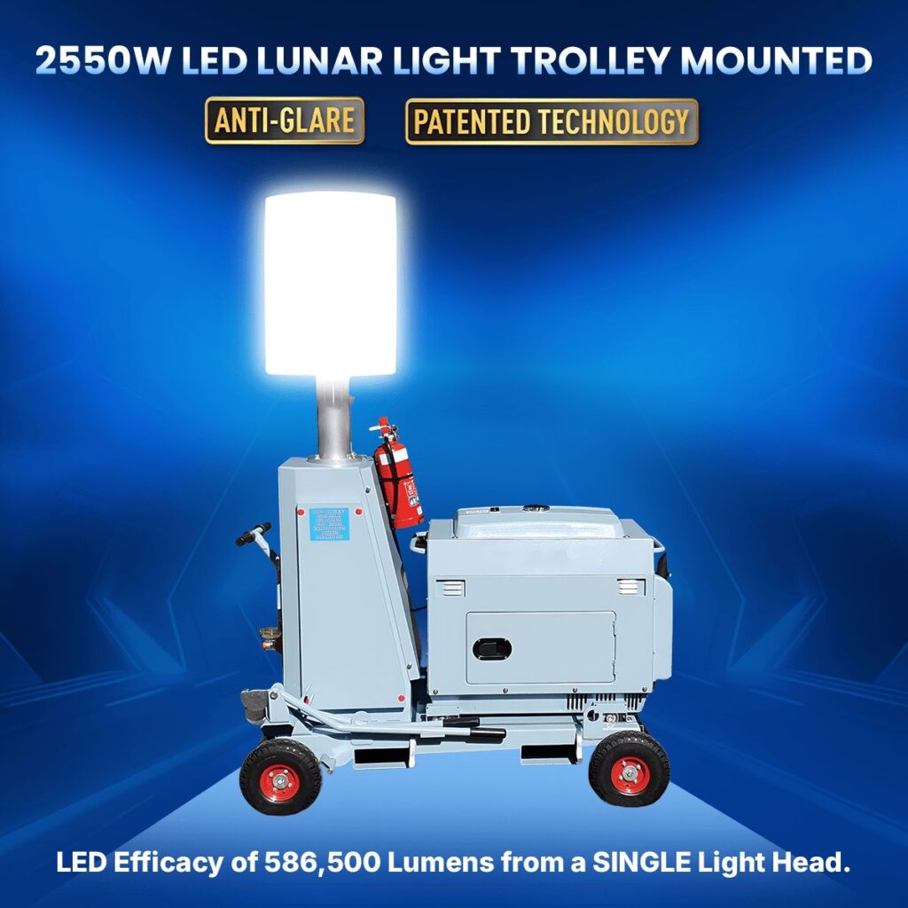 2550W LED Lunar Light Trolley with 586,500 lumens, offering portable and adjustable lighting with anti-glare technology, perfect for mobile operations and tough conditions.