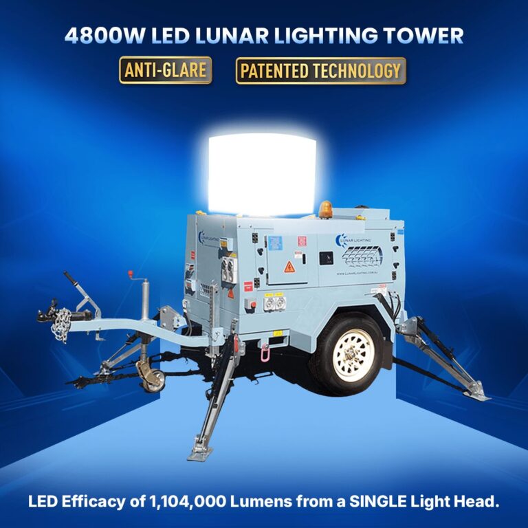4800W LED Lunar Lighting Tower with anti-glare technology, providing 1,104,000 lumens from a single light head for large-scale lighting projects.